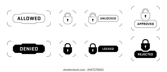 HUD digital futuristic user interface access allowed and denied button set. Account verification entry protect symbol. Videogame security infographic design vector eps element collection