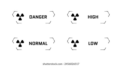 HUD digital futuristic user interface radiation frame set. Sci Fi high tech radioactive level screens. GUI and FUI cyber monitoring nuclear indicator dashboard panel. Head up display UI design element