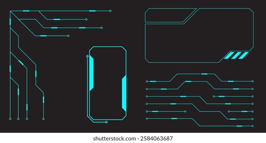 HUD digital futuristic user interface horizontal frame. Sci Fi high tech screen. Cyberpunk game menu touching monitoring hologram dashboard panel. Cyberspace head-up display information vector border