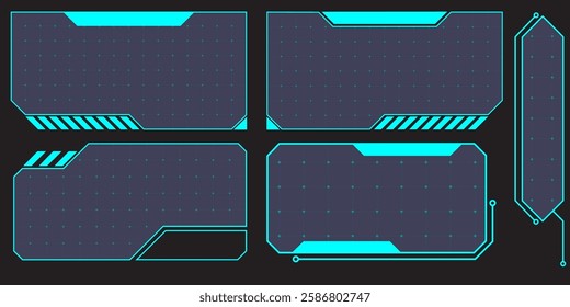 HUD digital futuristic user interface horizontal frame. Sci Fi high tech screen. Cyberpunk game menu touching monitoring hologram dashboard panel. Cyberspace head-up display information vector border