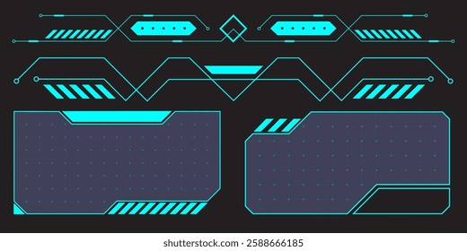 HUD digital futuristic user interface horizontal frame. Sci Fi high tech screen. Cyberpunk game menu touching monitoring hologram dashboard panel. Cyberspace head-up display information vector border