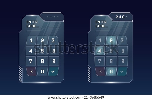 HUD digital futuristic user interface PIN\
code entry panel set. Sci Fi high tech protection glowing screen\
concept. Gaming menu number touching dashboard. Cyber space keypad\
vector eps illustration