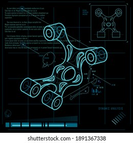 HUD display screenshot, abstract engineering software for 3d design with a data graphs analysis and optimization part structure