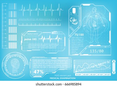 Hud element ui medical examination. Display a set of virtual interface elements. Health technology vector background. Research of human health.