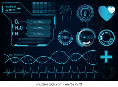 Hud element ui medical examination. Display a set of virtual interface elements. Health technology vector background. Research of human health.