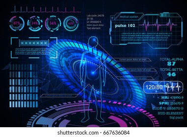 Hud element ui medical examination. Display set of virtual interface elements. Research of human health background.