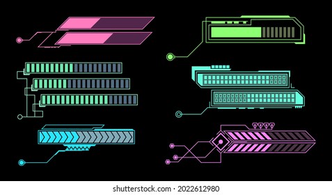 Hud elements futuristic. Callout bar, modern digital info boxes layout. Abstract visualization user interactive dashboards, shining vr menu square panels with copy space vector isolated set