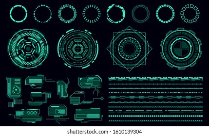 Hud elements. Futuristic green user interface, virtual graphic control panel. Game visual design of app vector collection