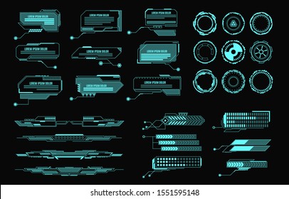 Hud elements. Futuristic virtual screen user interface, control panel for game apps. Callout bar labels, digital info boxes vector infographic funturistic technology layout