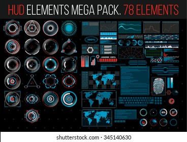 HUD Elements Mega Pack. 78 Elements. Sci Fi Futuristic User Interface. Menu Button. Vector Illustration.