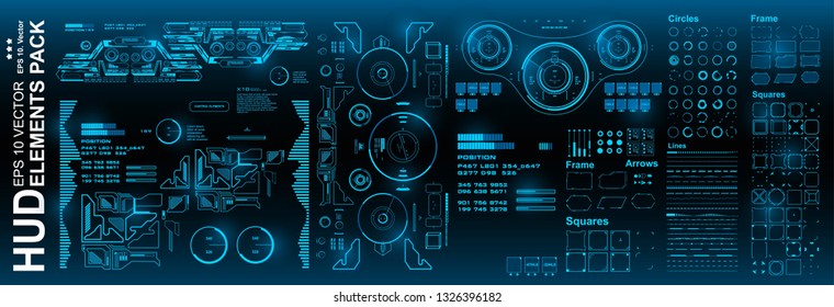 HUD Elements Mega Pack Set. Dashboard Blue Display Virtual Reality Technology Screen. Futuristic Blue User Interface.