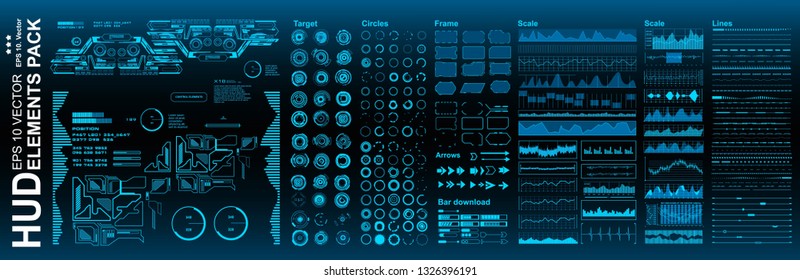 Equipo de mega-paquete de elementos HUD. Pantalla azul de panel de visualización de la tecnología de realidad virtual. Interfaz de usuario azul futurista.