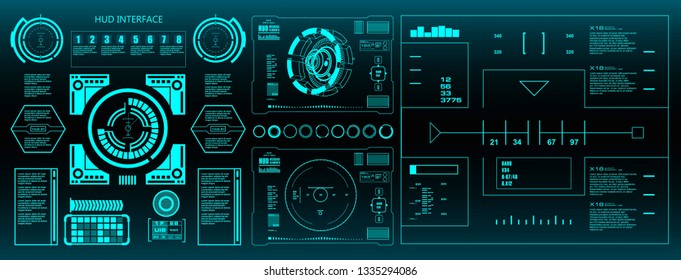 HUD elements mega set pack. Dashboard green display virtual reality technology screen.