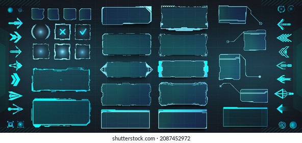 Conjunto de elementos HUD - pantalla de marco, flechas, llamadas, botón, barras de interfaz de usuario futuristas. Elementos de alta tecnología para la interfaz de usuario futurista. HUD, barras de interfaz de usuario. Paneles digitales de tecnología, pantalla de ventana de ciencia ficción, marco. Vector