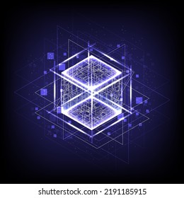 HUD Energy Box. Smart Code. Big Data. Digital Chip. 3D Cubes. CPU Core. Abstract Technology. Futuristic Hi-tech . Blockchain Network. Cyberpunk Box