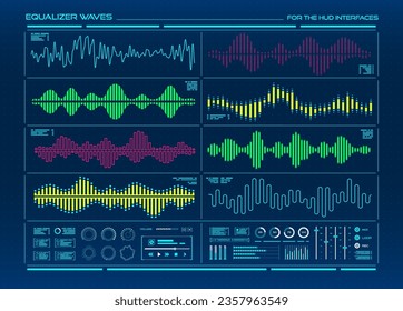 HUD-Equalizer, Musik-Digital-Sound-Wave- und Spracherkennungssignale. Graphic Equalizer Interface Vektorelemente mit Farbschallwellen, Schallfrequenzwaveforms, Audio-Spektrum-Linien- und Balkendiagrammen