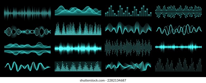 HUD equalizer sound waves, music audio interface elements, vector frequency waveform. HUD voice sound wave or radio signal digital waves of music volume and recording or play equalizer scale