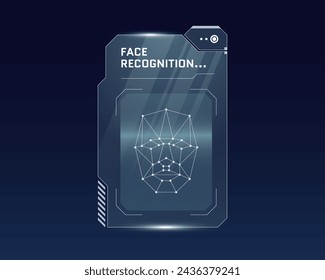 HUD face recognition biometric ID scan panel design. User facial verification scanner. Person identify security digital dashboard. Human identification scan unlock and authorization interface concept