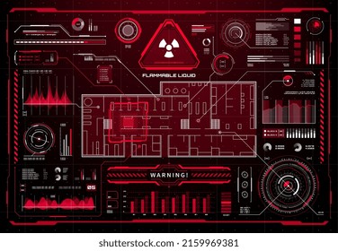 HUD fire protection and safety system display interface. Warning alert of fire ignition. Radioactive pollution danger message info box or vector call out title, infographics with sound wave and graph