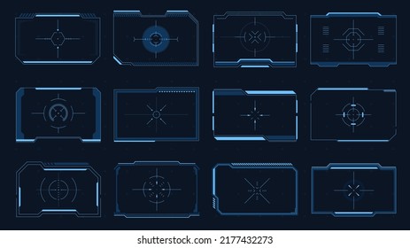 HUD frame. Sci-Fi game screen interface element, target border UI, futuristic digital aim panel, modern tech viewfinder. Vector game asset of aiming frames. Illustration of tech frame interface