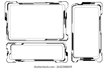 HUD frames black user interface elements design modern technology futuristic control panel screen digital hologram window gaming menu touching cyber monitor set white background vector illustration.