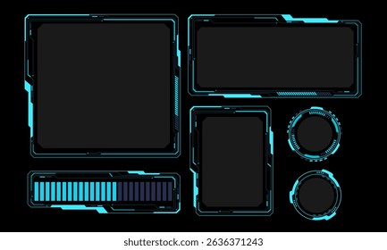 Hud frames blue grey user interface elements design modern technology futuristic control panel screen digital hologram window gaming menu touching cyber monitor set on black background vector