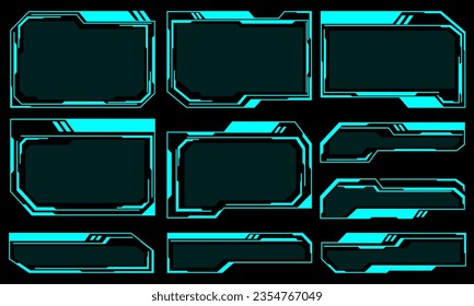 Hud frames blue user interface elements design modern technology futuristic control panel screen digital hologram window gaming menu touching cyber monitor set on black background vector illustration.