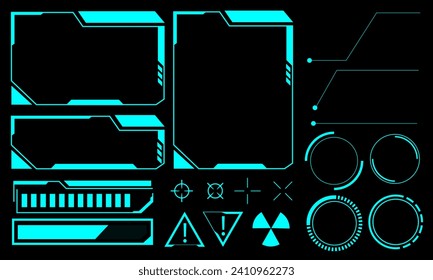 Hud frames blue user interface elements design modern technology futuristic control panel screen digital hologram window gaming menu touching cyber monitor set on black background vector.