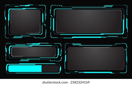 HUD frames blue user interface elements design modern technology futuristic control panel screen digital hologram window gaming menu touching cyber monitor set black background vector illustration.