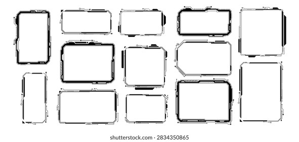 HUD frames, electronic circuit rectangle and square black border. Futuristic digital display control panel screen. Gaming window, sci-fi cyber display. Computer Hi tech technology interface vector set
