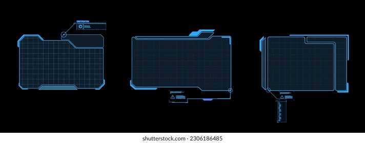 Hud frames. Futuristic modern hud control panel. High tech screen digital hologram window, gaming menu vector touching cyber Futuristic windows target and header. High tech elements for user interface