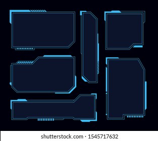 Hud frames. Futuristic modern user interface elements, hud control panel. High tech screen digital hologram window, gaming menu vector touching cyber monitoring set