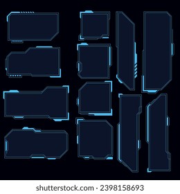 Encuadernación. Elementos futuristas modernos de la interfaz de usuario, panel de control de hud. Ventana de holograma digital de pantalla de alta tecnología, menú de juegos vectorial tocando el conjunto de cibermonitoreo.