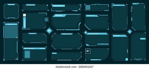 Hud frames. Futuristic text box, border, frame. Sci-fi digital screen, hologram panel. High tech hud interface elements vector set. Modern windows with buttons for computing innovative game