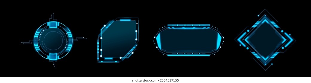 Hud frames set for computer game ui isolated on black background. Vector realistic illustration of neon blue borders, futuristic scifi interface design elements, gaming menu box, abstract circuit chip