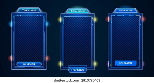 Hud frames set for tech game ui design. Vector realistic illustration of futuristic holographic screens, team or player data background, sci-fi dashboard, digital interactive panels, user display