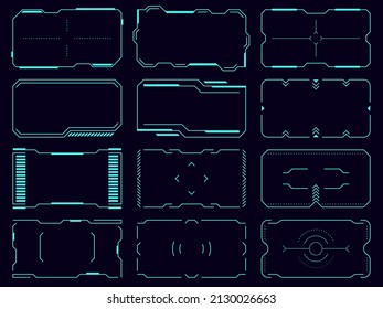 HUD frames. User interface elements. Futuristic Sci Fi template. Virtual control panels. Digital UI hologram display. Gaming info boxes. Cyber layout. Vector rectangular