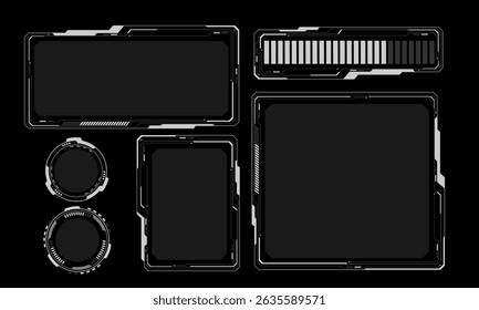 Hud marcos blanco gris interfaz de usuario Elementos de diseño de tecnología moderna pantalla de panel de control futurista holograma digital ventana gaming menú tocando cyber monitor establecido en el Vector de fondo negro.