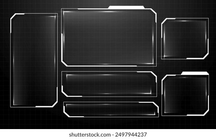 Diseño de colección de conjunto de estilo de tecnología ciberfuturista de espacio en blanco transparente blanco de HUD Frames para una Ilustración vectorial creativa de la interfaz de usuario.