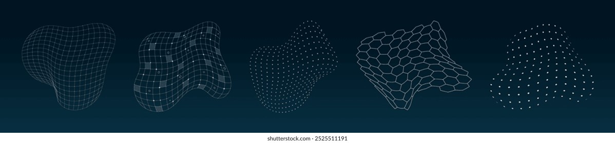 HUD futuristic 3D elements surface grid set. Digital UI flexible wire mesh structure. GUI hi tech polygonal abstract shapes design concept. FUI Sci Fi linear and dotted models on dark blue background