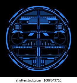 HUD Futuristic Blue Elements Data Transfer Communication Interface Indicator Status In Circle Panel Vector. Abstract Future Scifi Information Report Object Illustration.