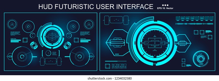 HUD futuristic blue user interface, target. Dashboard display virtual reality technology screen
