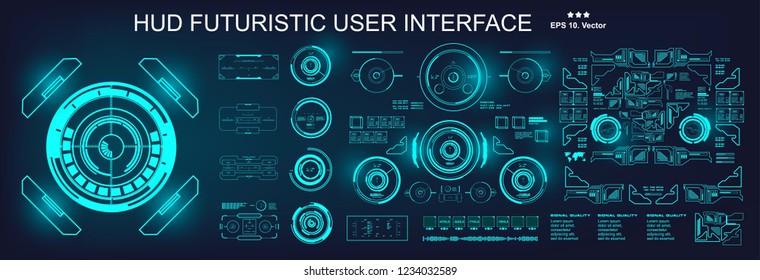 HUD futuristic blue user interface, target. Dashboard display virtual reality technology screen