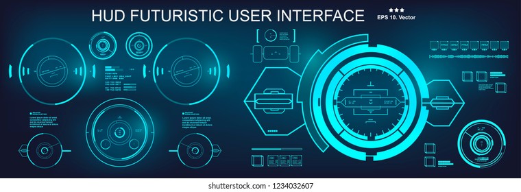 HUD futuristic blue user interface, target. Dashboard display virtual reality technology screen
