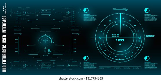 HUD futuristic blue user interface, target. Dashboard display virtual reality technology screen