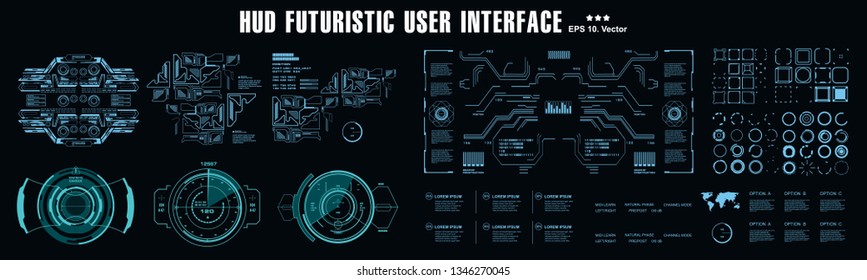 HUD futuristic blue user interface, target. Dashboard display virtual reality technology screen
