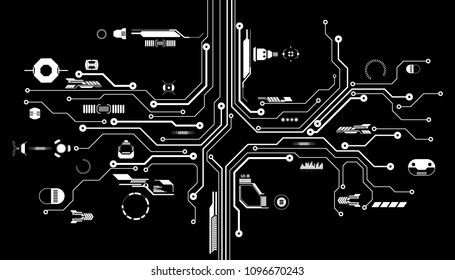 HUD Futuristic Circuit Board Elements Data Communication Transfer Panel Vector. Abstract Modern Future Information Report Object Illustration.