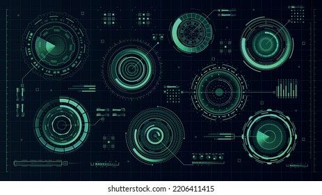 Hud futuristic circular. Indicators and graphs, locators on airship. Dashboard, interface element. Modern technologies and digital world, innovations and cyberspace. Neon vector illustration