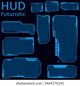 HUD futuristic display screen frames and info boxes, vector ui interface of sci fi game interface. Digital technology head up display interface hologram control panel and user menu window.