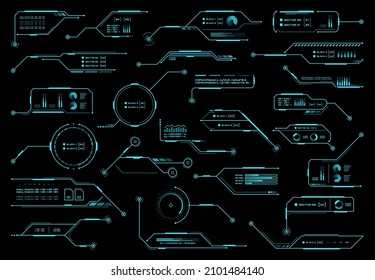 pantalla y pantalla HUD futurista, cajas de información, interfaz ui. Títulos de llamadas de vectores, barras de llamadas de información y elementos de diseño de neón de estilo tecnológico digital para juego o aplicación de usuario sobre fondo negro